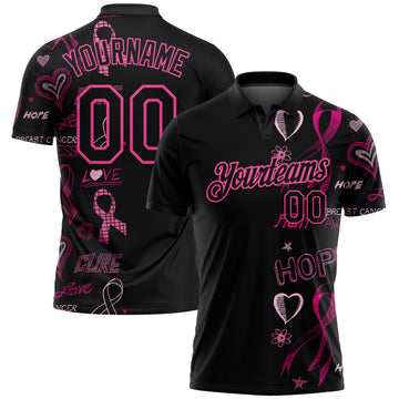 Custom Black Pink 3D Pattern Design Pink Ribbon Breast Cancer Awareness Month Women Health Care Support Performance Golf Polo Shirt