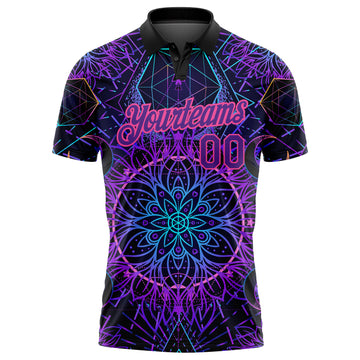 Custom Black Purple Pink 3D Pattern Design Magic Mushrooms Over Sacred Geometry Psychedelic Hallucination Performance Golf Polo Shirt
