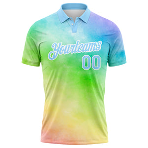 Custom Tie Dye Light Blue-White 3D Rainbow Performance Golf Polo Shirt