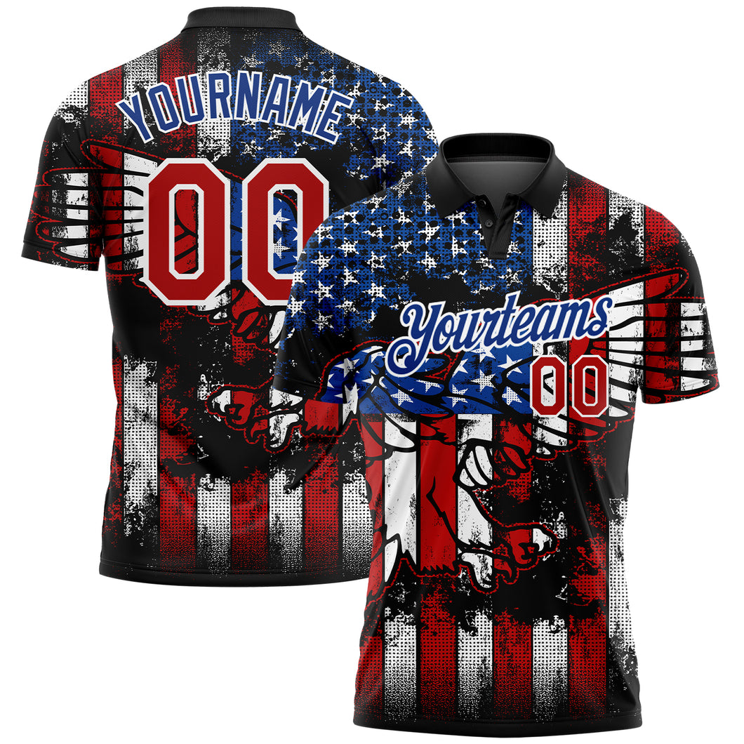 Custom Black Red-Royal 3D Eagle American Flag Performance Golf Polo Shirt