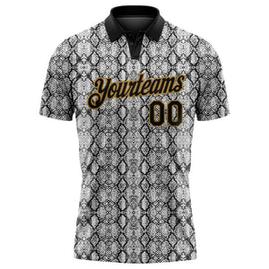 Custom Black Old Gold 3D Pattern Design Snakeskin Performance Golf Polo Shirt