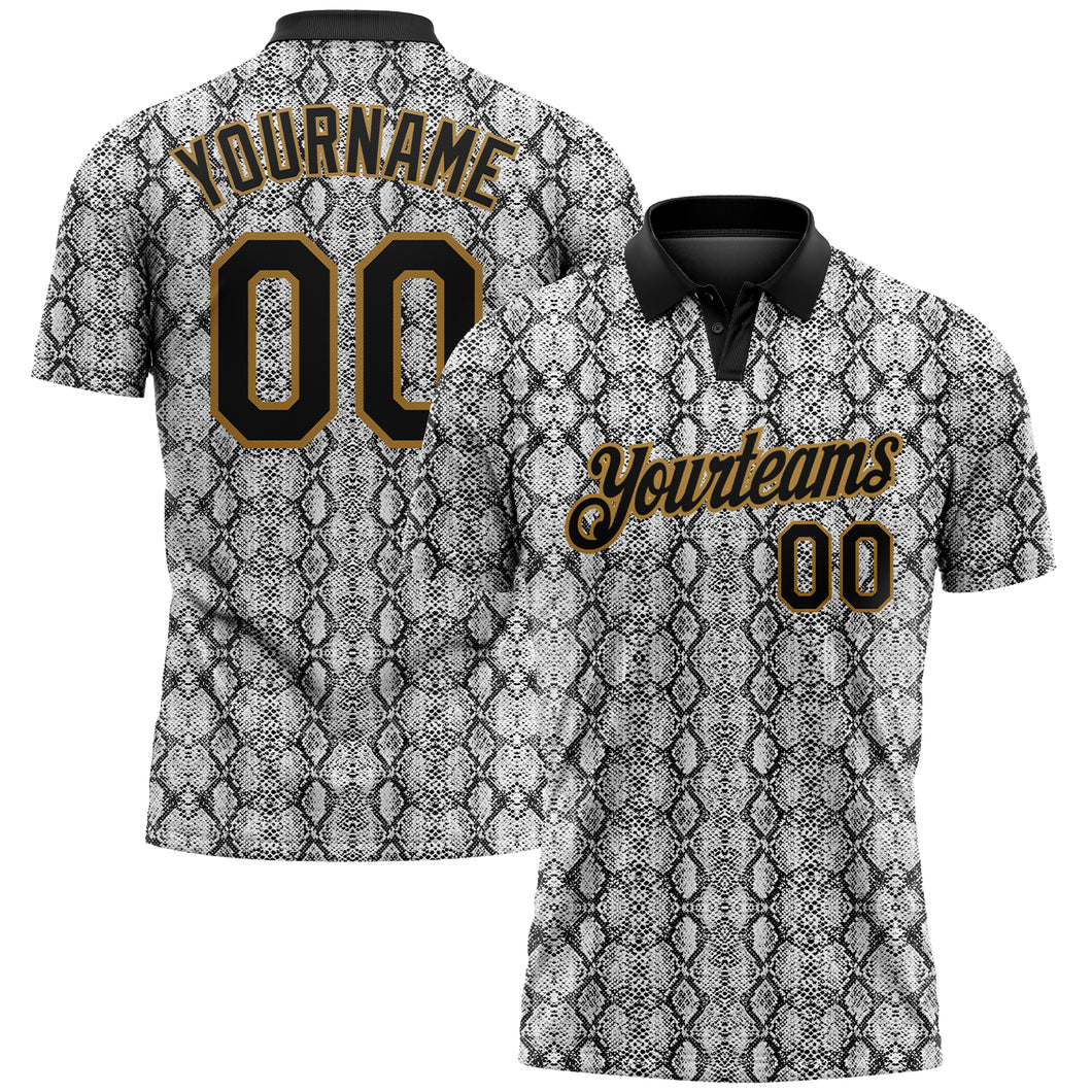 Custom Black Old Gold 3D Pattern Design Snakeskin Performance Golf Polo Shirt