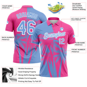 Custom Pink Light Blue-White 3D Pattern Design Hawaii Coconut Trees Performance Golf Polo Shirt