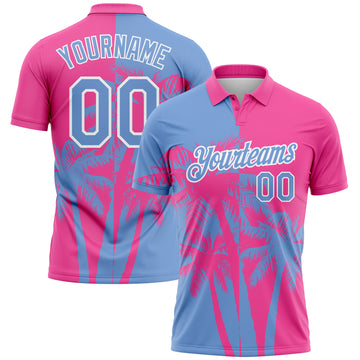 Custom Pink Light Blue-White 3D Pattern Design Hawaii Coconut Trees Performance Golf Polo Shirt