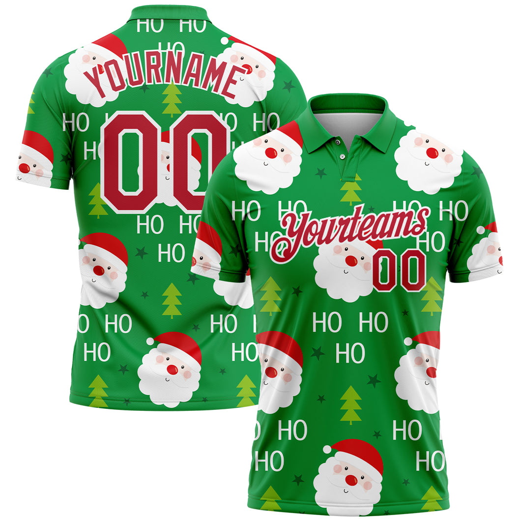 Custom Kelly Green Red-White 3D Christmas Santa Claus Performance Golf Polo Shirt