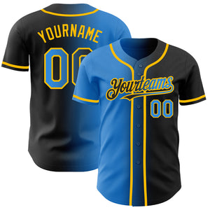 Custom Black Electric Blue-Gold Authentic Gradient Fashion Baseball Jersey