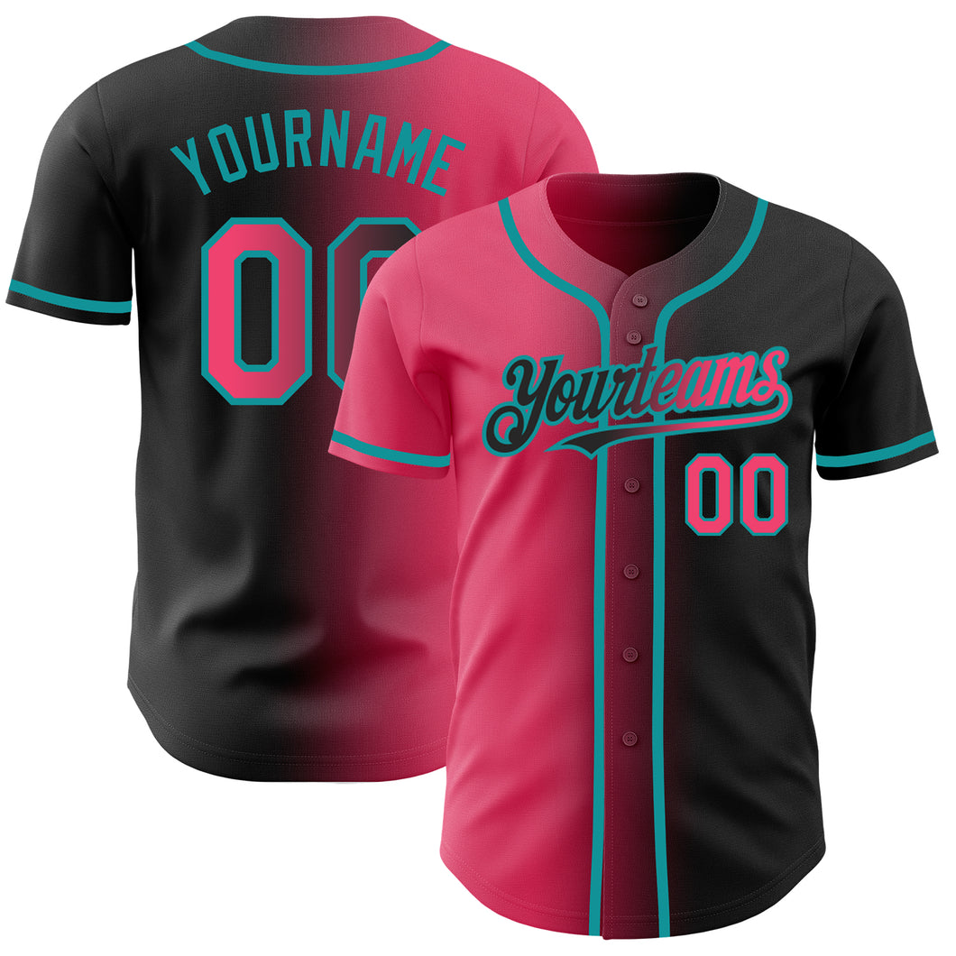Custom Black Neon Pink-Teal Authentic Gradient Fashion Baseball Jersey