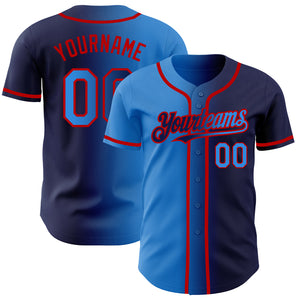 Custom Navy Electric Blue-Red Authentic Gradient Fashion Baseball Jersey
