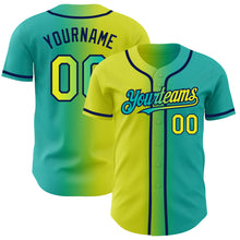 Load image into Gallery viewer, Custom Aqua Neon Yellow-Navy Authentic Gradient Fashion Baseball Jersey
