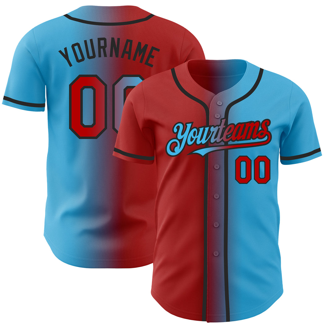 Custom Sky Blue Red-Black Authentic Gradient Fashion Baseball Jersey