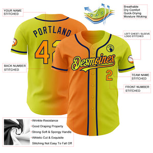 Custom Neon Yellow Bay Orange-Navy Authentic Gradient Fashion Baseball Jersey