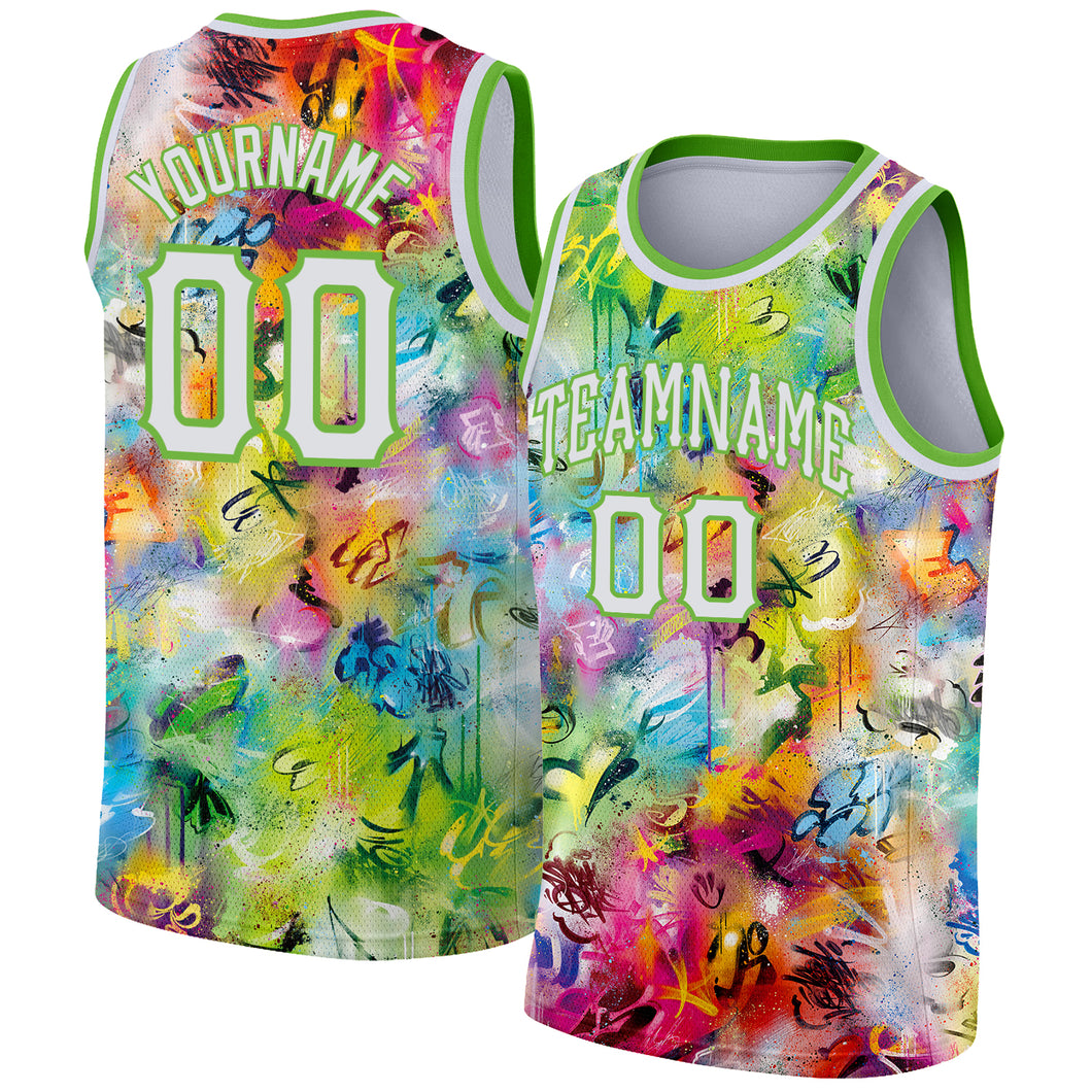 Custom Scratch Graffiti Pattern White-Neon Green 3D Authentic Basketball Jersey