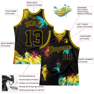 Custom Graffiti Pattern Black-Gold 3D Authentic Basketball Jersey