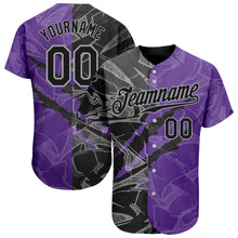 Load image into Gallery viewer, Custom Graffiti Pattern Black Purple-Gray 3D Scratch Authentic Baseball Jersey
