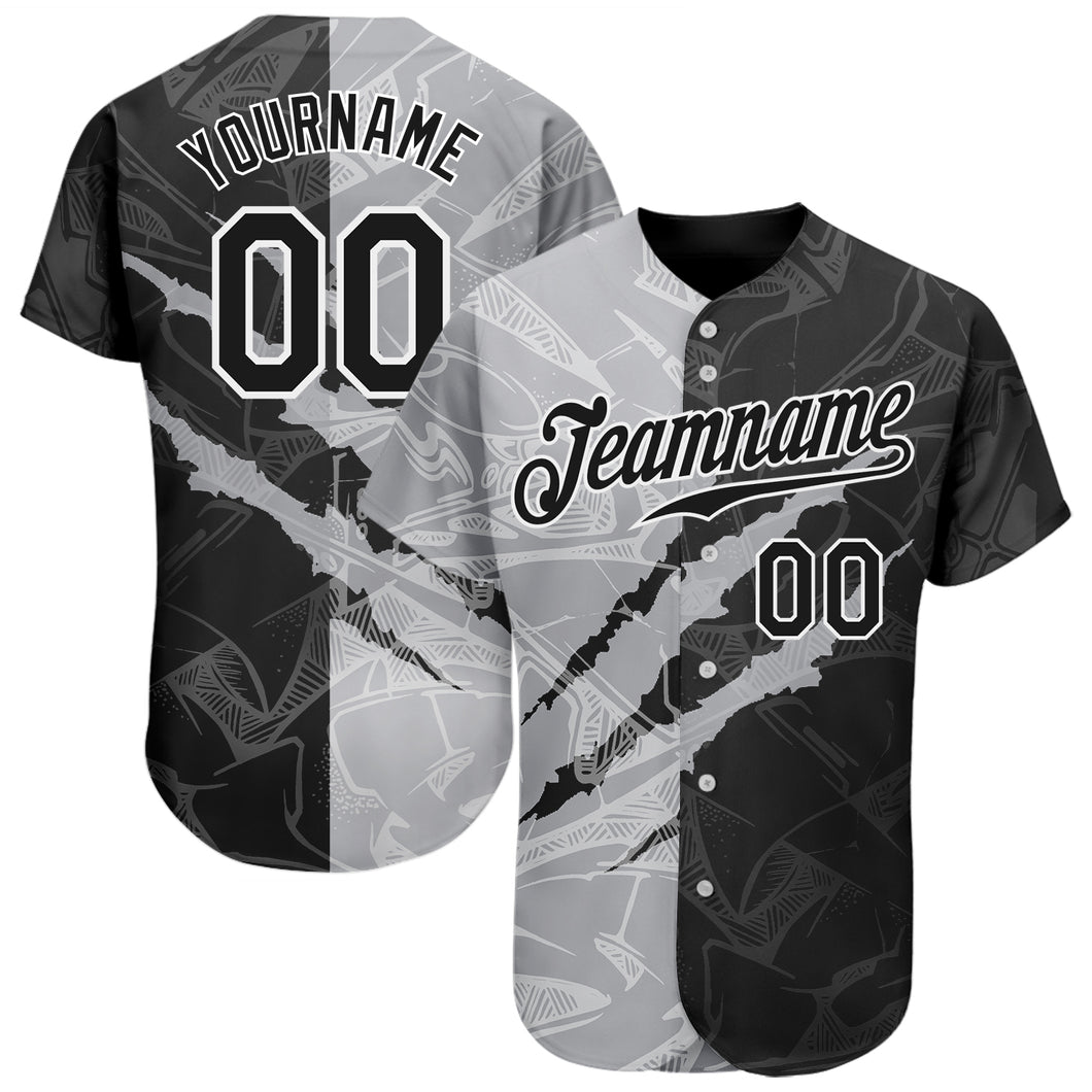 Custom Graffiti Pattern Black-Gray 3D Scratch Authentic Baseball Jersey