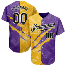 Load image into Gallery viewer, Custom Graffiti Pattern Black Yellow-Purple 3D Scratch Authentic Baseball Jersey
