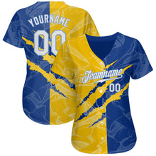 Load image into Gallery viewer, Custom Graffiti Pattern White Yellow Royal-Light Blue 3D Scratch Authentic Baseball Jersey
