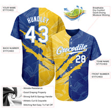 Load image into Gallery viewer, Custom Graffiti Pattern White Yellow Royal-Light Blue 3D Scratch Authentic Baseball Jersey
