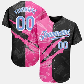 Custom Graffiti Pattern Light Blue Pink-Black 3D Scratch Authentic Baseball Jersey