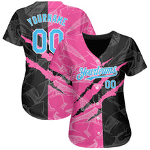 Load image into Gallery viewer, Custom Graffiti Pattern Sky Blue Black-Pink 3D Scratch Authentic Baseball Jersey
