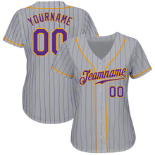 Load image into Gallery viewer, Custom Gray Purple Pinstripe Purple-Gold Authentic Baseball Jersey
