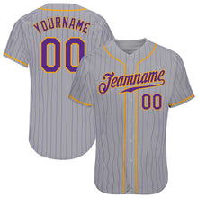 Load image into Gallery viewer, Custom Gray Purple Pinstripe Purple-Gold Authentic Baseball Jersey
