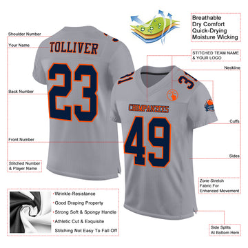 Custom Gray Navy-Orange Mesh Authentic Football Jersey