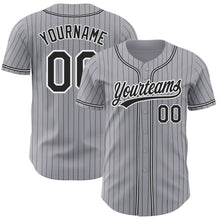 Load image into Gallery viewer, Custom Gray Black Pinstripe Black-White Authentic Baseball Jersey
