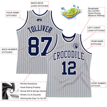 Custom Gray Navy Pinstripe Navy-White Authentic Basketball Jersey