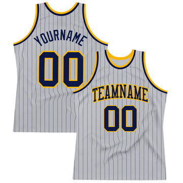 Custom Gray Navy Pinstripe Navy-Gold Authentic Basketball Jersey