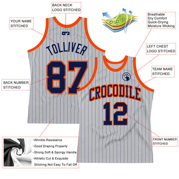 Custom Gray Navy Pinstripe Navy-Orange Authentic Basketball Jersey