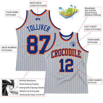 Custom Gray Royal Pinstripe Royal-Orange Authentic Basketball Jersey