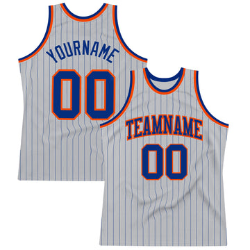 Custom Gray Royal Pinstripe Royal-Orange Authentic Basketball Jersey