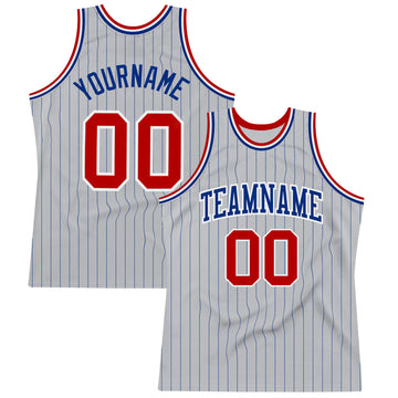 Custom Gray Royal Pinstripe Red-White Authentic Basketball Jersey