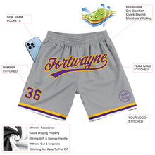 Load image into Gallery viewer, Custom Gray Purple-Gold Authentic Throwback Basketball Shorts

