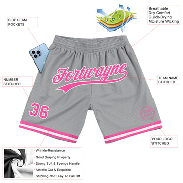 Custom Gray Pink-White Authentic Throwback Basketball Shorts