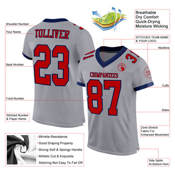 Custom Gray Red-Navy Mesh Authentic Football Jersey