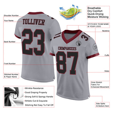 Custom Gray Black-Burgundy Mesh Authentic Football Jersey