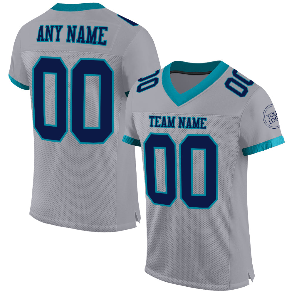 Custom Gray Navy-Teal Mesh Authentic Football Jersey