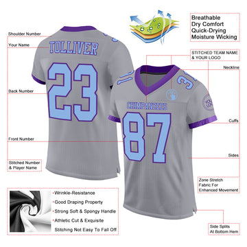 Custom Gray Light Blue-Purple Mesh Authentic Football Jersey