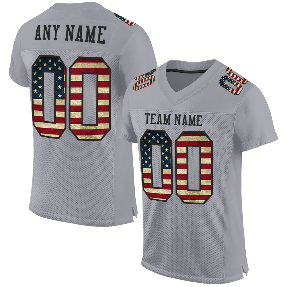 Custom Gray Vintage USA Flag-Black Mesh Authentic Football Jersey