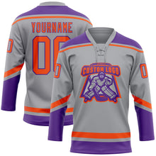 Load image into Gallery viewer, Custom Gray Orange-Purple Hockey Lace Neck Jersey

