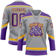 Load image into Gallery viewer, Custom Gray Purple-Gold Hockey Lace Neck Jersey
