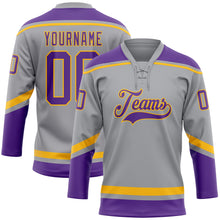 Load image into Gallery viewer, Custom Gray Purple-Gold Hockey Lace Neck Jersey
