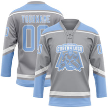 Load image into Gallery viewer, Custom Gray Light Blue-White Hockey Lace Neck Jersey
