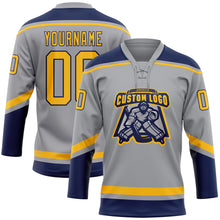 Load image into Gallery viewer, Custom Gray Gold-Navy Hockey Lace Neck Jersey
