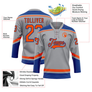 Custom Gray Orange-Royal Hockey Lace Neck Jersey