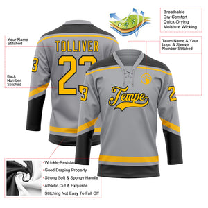 Custom Gray Gold-Black Hockey Lace Neck Jersey