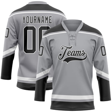 Custom Gray Black-White Hockey Lace Neck Jersey