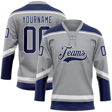 Load image into Gallery viewer, Custom Gray Navy-White Hockey Lace Neck Jersey
